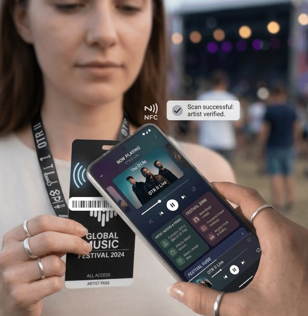An attendee tapping their phone against a BlinkTag lanyard
