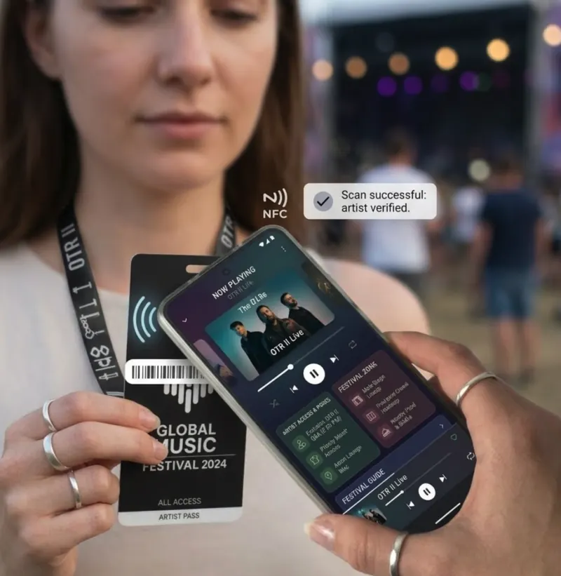 An attendee tapping their phone against a Blinktag lanyard